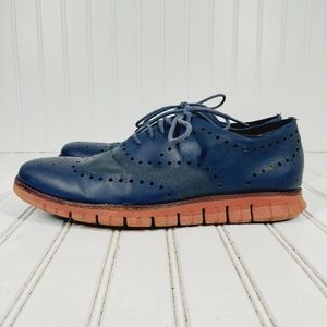 Cole Haan Men's ZERØGRAND Blue Leather Lace Up Wingtip Oxford Shoes H299